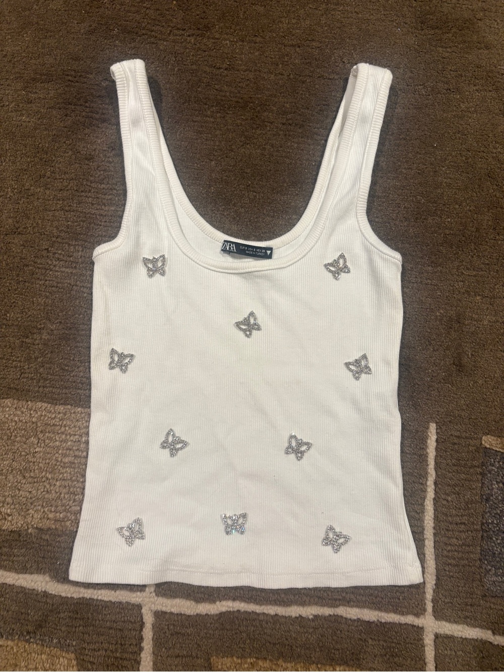Zara White Ribbed Tank Top with Silver Butterfly Embellishments